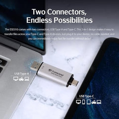 Transcend 310S 512GB USB C & USB A External Portable SSD, Up to 1,050 MB/s, 5 Yr Warranty, Silver, for iPhone 15 pro max, MacBook, Ipad, Laptop and Desktop