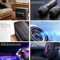 Lenyes S861 80W (150W Peak) Bluetooth Party Speaker, 2 Rechargeable Wireless Mics, 12000mAh Battery, RGB Lights, TWS Stereo, Bluetooth 5.0, USB TF AUX Pendrive, Karaoke Speaker, Black