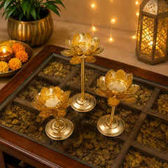Easyera Decorative Lotus Candle Holder Set of 3| Gold Metal Tealight Holder for Home Decor | Lotus Diya Stand for Diwali, Pooja & Wedding Decoration | 12, 10 & 8 Inch
