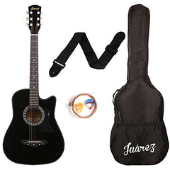 Juârez Acoustic Guitar Kit, JRZ38C/BK 38 Inch Cutaway, 038C with Bag, Strings, Pick and Strap, Black