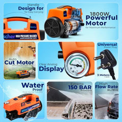 WOSCHER AquaWash 1800W Car Washer High Pressure Gun | 150 Bar Pressure Washer for Car, Bike & Home | Car Washing Pump Machine, 8 L/Min | 18 Months Warranty
