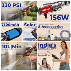 Woscher AquaVolt Cordless Portable Wireless Pressure Washer for Car Wash Bike Washing and Multipurpose Cleaning | 156W | 3×2500mAh| Triple Battery | |10L/Min | 12+6 Months Warranty