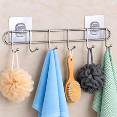 LYSIREN Door Hangers for Clothes, Hanger for Wall – Stainless Steel Bathroom Wall Hook with 6 Hooks, Self Adhesive Magic Sticker Door & Wall Hanger for Towel, Kitchen & Clothes, 5 Kg Capacity, Silver