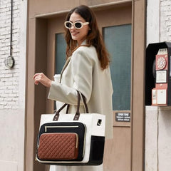 Bayne Large Tote Bag for Woman | Large Size Laptop Bags for Women Office Use | Waterproof Handbag for Women | Elegant Office Bag for Woman | 13 inch Laptop (CREAM&BROWN)