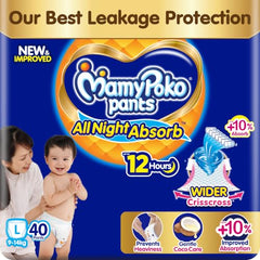 Mamypoko pants All night absorb| Pant Style Baby Diapers Large Size(L), 124 Count,(62*2) Ideal for 9-14Kgs|1 Diaper= Upto All night Absorption|Wider Crisscross Sheet|Gentle Coco Care| 12hr Leakage Protection| Prevents Heaviness.