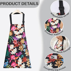 MOMISY Tropical Floral Kitchen Apron – Cooking Apron with Colorful Print, Adjustable Neck Strap (Black)