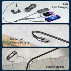 COSTAR 60W 3 in 1 Multi Fast Charging Cable - 3A Nylon Braided Charger Cable Compatible with iPhone, iPad, Samsung Galaxy, OnePlus, Mi, Oppo, Vivo, iQOO, Xiaomi, Car (Silver)