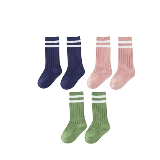 MOMISY 3 Pairs Combed Cotton Knee-High Socks, Striped (IN, Age, 1 Year, 3 Years, Striped)