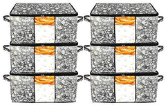Kuber Industries Flower Print Foldable Woven Underbed Storage Bag|Large Storage Organiser|Blanket Cover with Transparent Window|Size 65 x 45 x 31 CM (Black)-KUBMART16598(Fabric)
