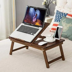 INTRAHAUS Wooden Extra Large Multi Tasking Height Adjustable Foldable Laptop Table Portable Study Writing Desk for Bed Sofa Home Office Use Walnut Color Wide Surface Design
