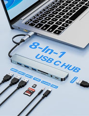 PESOMA USB C Hub – 8-in-1 USBC Adapter with USB, C-USB, 100W PD, USB 3.0 5Gbps Ports, SD/TF Card Reader – USB-C Dongle for Office, Meetings, Travel & Home Setup (Silver)