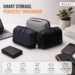 Birch & Co. Travel Organizer Pouch - Gadgets, Cable and Travel Accessories Organisers with Multiple Compartments, Zipper Pocket, Pen Holders, Water-Resistant Accessory Case for Cables, Grey