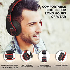PowerLocus Samsung Bluetooth over-Ear , Wireless Stereo Foldable Headphones with Mic and Micro SD Card for All Smartphones (Black/Red)