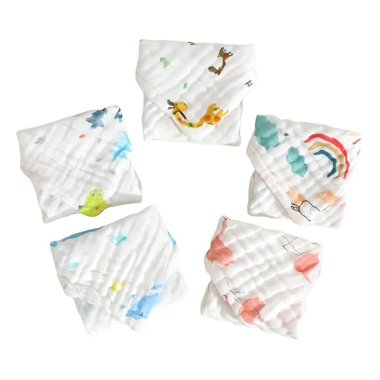 SYGA PACK OF 5 Baby Napkin Six-Layer Gauze 30 * 30 Printed Design Square Scarf Five Baby Small Square Scarf