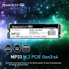 TeamGroup MP33 256GB Nvme M.2 2280 Pcie Gen 3 Gaming SSD, 3D NAND TLC, SLC Cache, Internal Solid State Drive, Speed Up to 1600/1000 MB/s, High Performance, Low Latency, ECC Function, for PC & Laptop