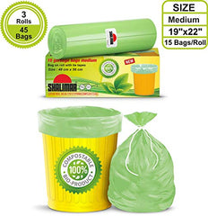 Shalimar Compostable Garbage Bags | Medium 19 X 21 Inches | 45 Bags (15 Bags X 3 Rolls) | Dustbin Bag/Trash Bag | (Green)