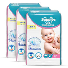 Amazon Brand - Supples Premium Baby Diaper Pants | 108 Baby Diapers | XL | 12-17 Kg | 12 Hrs Absorption | Cushiony Cotton Soft Fabric | Phthalates-Free | Triple Leak Guard | 54 Count, Pack of 2
