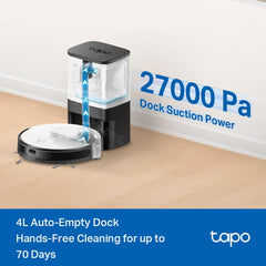 Tapo TP-Link RV20 Mop Plus MagSlim LiDAR + Gyroscope Navigation Robot Vacuum & Mop+ Smart Auto-Empty Dock, 4-Level 2700Pa Suction, Google Assistant & Alexa Compatible | Spotless Cleaning 4-in-1