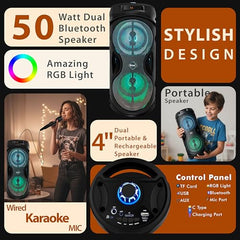 Target TT-BSM-444 Dual 4-inch Driver, Portable Rechargeable Bluetooth Speaker with RGB Light, Wired Karaoke Mic, TF Card, USB, AUX, C Type Charging Port, 50W, Black