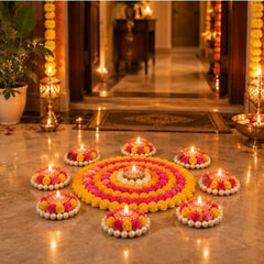 Webelkart Premium Pack of 9 Diwali Decoration Flower Rangoli Diwali Decorative Rangoli with Diya Set, Tea Light Candle Holder Floor Rangoli Festival Decor Home,Deepawali Center 10" and Samll 4" in