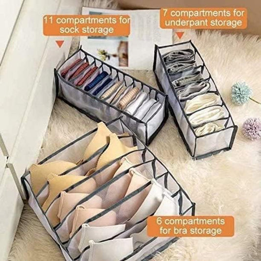 MOMISY Bra Socks Underwear Organizer Folding Closet Storage Boxes Clothes Separated Organizer 6/7/11 Compartments Grids Drawer Organizer, Pack of 3 (Beige)