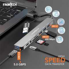 Frontech 8-in-1 Multi-Port Expansion Hub, Dual Input (USB-C & USB), High-Speed Data Transfer, Metal Matt Finish, Backed with 1 Year Warranty (NC-0058)