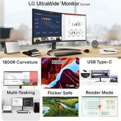 LG 34U640B Smartchoice 86 cm (34 Inch) 21:9 UltraWide WQHD (3440x1440) Curved Monitor(1800R), 144Hz, sRGB 99%, HDR10, Anti-Glare, HDMI X 2, DP, USB-C (PD 65W), PBP, PIP, Tilt/Height Adjustable Stand