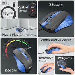 Foxin Glance Grey Wired USB Mouse | 1200 DPI Optical Sensor | Ergonomic & Lightweight (68g) with 3-Button | Plug & Play | 1.2M Cable | Silent Buttons | Wired Mouse for Laptop, PC, Desktop & Office Use