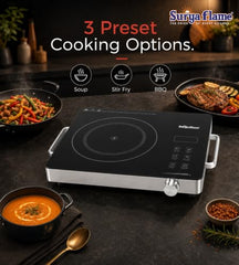 Surya Flame 2000 Watts Infrared Cooktop | Preset Indian Menu Options & Timer | Compatible With Any Metal Cookware with Flat Bottom | Easy to clean | Portable | Black | 1Y Warranty