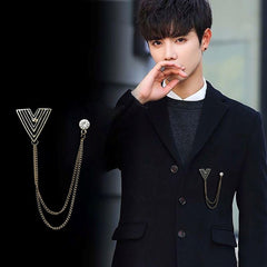 SYGA Men's & Women Suit Shirt Stud Lapel Pin Chain Tassel Brooch Pin with Crystal Chain(Golden big V)