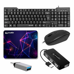 Prodot 5-in-1 Wired Combo Pack | 247s Wired Keyboard + Quad Optical Mouse with Adjustable DPI + 4 in1 Port USB Hub + USB Type-A to Type-C OTG + Anti-Slip Mouse Pad | for Laptop/Desktop