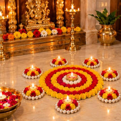Webelkart Premium Pack of 9 Diwali Decoration Flower Rangoli Diwali Decorative Rangoli with Diya Set, Tea Light Candle Holder Floor Rangoli Festival Decor Home,Deepawali Center 10" and Samll 4" in