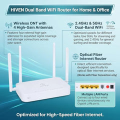 HIVEN Dual Band WiFi Router for Home & Office | Wireless ONT with 4 High-Gain Antennas | 2.4GHz & 5GHz, Multiple LAN Ports, Optical Fiber Internet Router Works with Fiber Connection only