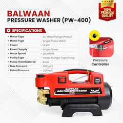 [Upgraded 2026] Balwaan Krishi PW-350 Pressure Washer for Car, 1.8 kW Single Phase Motor, 120–150 Bar Pressure, 2800 RPM, 7.5 L/min Flow Rate, 10 Accessories, for Car, Bike & Home Cleaning