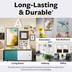 3M Command Large Picture Hanging Strips, Photo frame Hooks, Holds 7kg, No paint damage, Heavy Duty, Holds Strongly, Adhesive hooks for wall, Multi-surface (White, 8 strips)