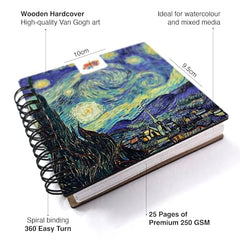 The Crafthives Van Gogh Starry Night Pocket Sketchbook | Wooden Hardcover Mini Art Book | 250 GSM Paper | Spiral Bound Travel Sketch Pad for Watercolour & Mixed Media