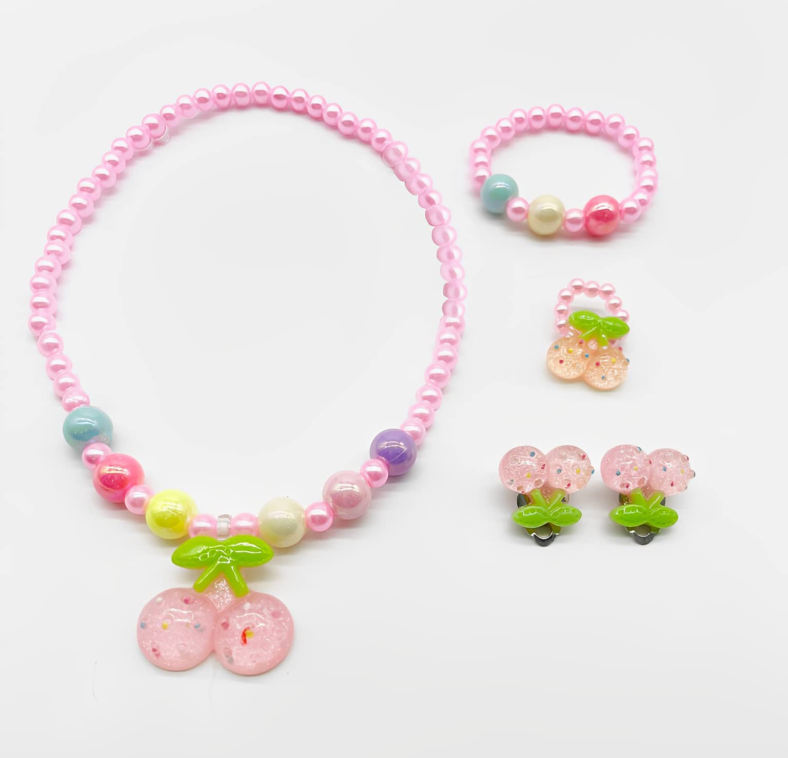 SYGA Children's Girls Necklace Earring Ring Set Jewelry Pearl Necklace Bracelet Set For Kids, Girl, Gift, Party (Cherry)