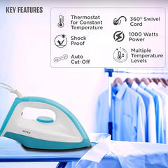 Intex Glidex Ease Dry Iron 1000W | Non-Stick Soleplate | Adjustable Temperature Control | Shock Proof Lightweight Dry Iron | Thermal Protection | Fast & Smooth Ironing for Home Use | 2 Year Warranty