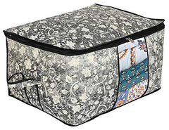 Kuber Industries Flower Print Foldable Woven Underbed Storage Bag|Large Storage Organiser|Blanket Cover with Transparent Window|Size 65 x 45 x 31 CM (Black)-KUBMART16598(Fabric)