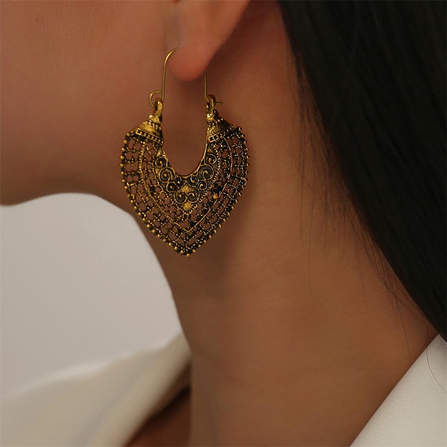 SYGA Women's Open Heart Earrings, Hollow Alloy, Vintage Style Dangles(Gold)