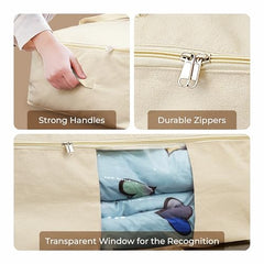 SOLSTICE Extra Large Cotton Canvas Blanket Storage Bags with Zipper, 4 Handles & Window | for Saree, Pillows, Blankets, Rajai & Seasonal Clothes as Wardrobe Organizer and Under Bed Storage | Pack of 2
