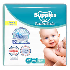 Amazon Brand - Supples Premium Baby Diaper Pants | 84 Baby Diapers | XXL | 15-25 Kg | 42 x 3 Packs | 12 Hrs Absorption | Cushiony Cotton Soft Fabric | Phthalates-Free | Triple Leak Guard