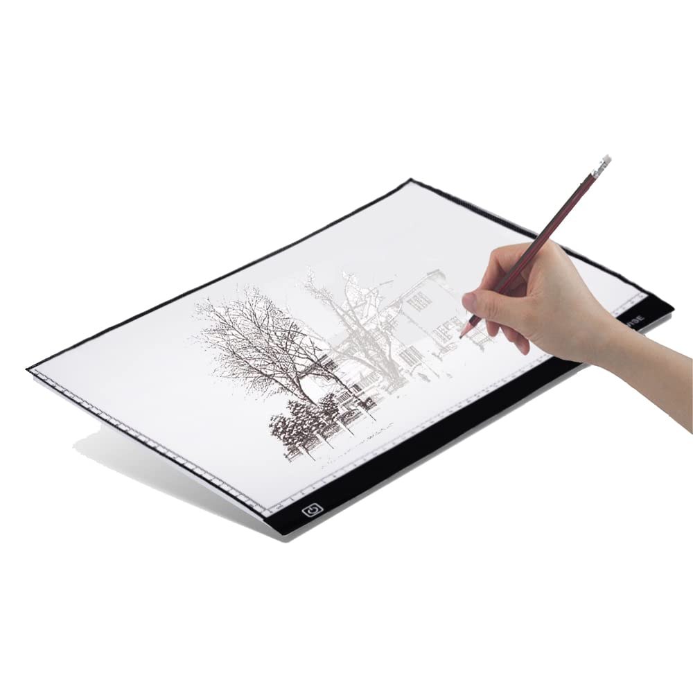 SYGA Dwise A3 Size LED Lighted Drawing Tracing Board with 3 Adjustable Brightness Touch Button with Scale Measurement, White & Black