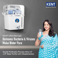 KENT Ultra Storage UV Water Purifier | Inline UV+UF Water Purification | Wall Mountable | 8L Storage | 60 L/hr Output | White