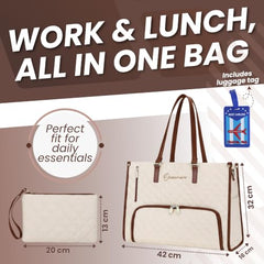 OCEANEVO 2 in 1 Stylish Laptop Tote Bag for Women Office use with Insulated Lunch Bag Compartment includes Small Pouch and Luggage Tag, Laptop Handbag for Office, Travel - 42x32x16 Cm - White-Brown