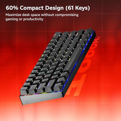 Zebronics Max Ninja 61W Mechanical Keyboard, 60% Compact Layout, Tri-Mode Rechargeable, N-Key Rollover, Linear Red Switches, 1000Hz Polling Rate, 61 Keys, Software Support, Win & Mac Support
