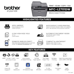 Brother MFC L2701DW WiFi Auto Duplex Laser Printer with 30 PPM Print Speed, Multifunction Print Scan Copy Fax, Automatic Document Feeder, 2 in 1 ID Copy Button, 2-line LCD Display, 250 Sheets Tray