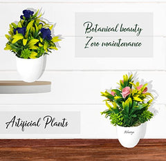 Asharya® Artificial Flower Plants for Home Décor – Set of 4 Mini Potted Plants (7 Inch) in White Pots | Pink, Yellow, Red & Blue Faux Flowers for Living Room, Office, Indoor Outdoor Decoration