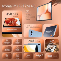 Acer Iconia Tab11 | 11.45" | 2.2K IPS Display, 450 Nit | Quad Speakers | 8GB + 128GB (Expandable) | Wi-Fi + (Calling) | Fingerprint Reader| Slim Metal Body| Blue