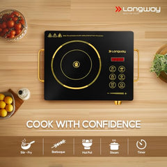 Longway Infralite Pro 2200W Infrared Hot Plate Cooktop with Steel Grill Rack, Crystal Glass Top, Touch Panel & Digital Display, 4 Preset Modes – Stir Fry, BBQ, Hot Pot & Steam, Black